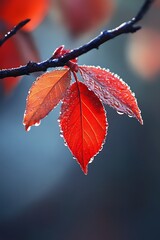 Poster - Close up of red leaves with water drops on a branch after rain