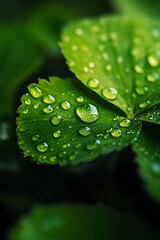 Sticker - Water drops on green leaf, macro photography