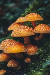 Wall Mural - Close up of orange mushrooms growing in lush green moss