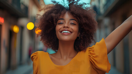 A young afro woman generated by artificial intelligence dances cheerfully on the street, representing urban lifestyle and youthful joy.