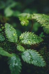 Wall Mural - Closeup of Dew Drops on Lush Green Leaves, Natural Beauty Concept