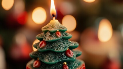 A lit Christmas tree candle with red ornaments against a bokeh background of Christmas lights.