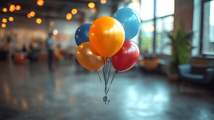 A blurred background of an office filled with colorful balloons and decorations, creating a festive atmosphere. The vibrant celebratory setup hints at a special office event or party, perfect for illu