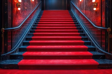 Red carpet on the stairs on a dark background. The path to glory, victory and success