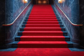 Red carpet on the stairs on a dark background. The path to glory, victory and success