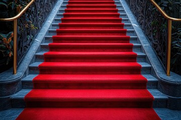 Red carpet on the stairs on a dark background. The path to glory, victory and success