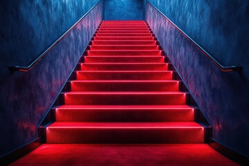 Red carpet on the stairs on a dark background. The path to glory, victory and success