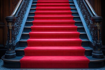 Red carpet on the stairs on a dark background. The path to glory, victory and success