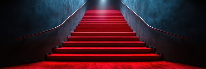 Red carpet on the stairs on a dark background. The path to glory, victory and success