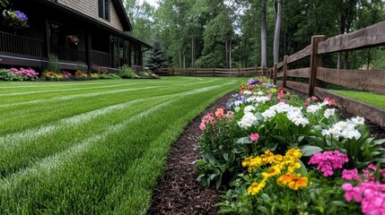 a picturesque garden surrounding a cozy house features lush, evenly striped grass bordered by vibran