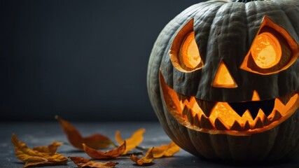 A carved Halloween pumpkin glows brightly, showcasing a spooky face amid autumn leaves indoors at dusk