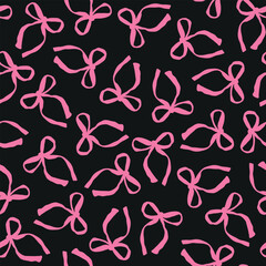 hand drawn, pink, pretty bow seamless repeat pattern on black background. random placed, festive, pi