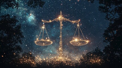 A glowing balance scale within a starlit forest setting, demonstrating cosmic harmony and peacefulness in a mesmerizing digital art depiction.