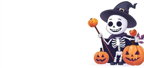 A skeleton wizard holding a staff and a carved pumpkin, Halloween character, cartoon illustration, dark cloak, isolated on white background