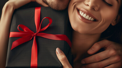 A man is hugging a happy woman from backside giving a black gift box with red ribbon to her. Black Friday sale event template design for poster and social media post.