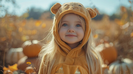 Little girl smiling joyfully in a pumpkin patch, surrounded by autumn colors, capturing the essence of fall celebrations and childhood innocence.