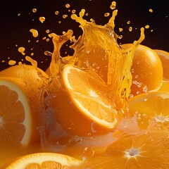 Orange juice splashing on a black background with fresh citrus fruit slices