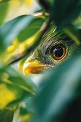 Wall Mural - Close up of a bird's eye peeking through leaves in a forest