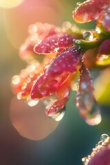 Wall Mural - Closeup of dew drops on pink flower petals in sunlight