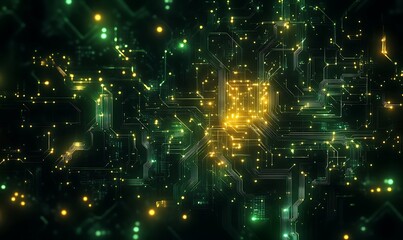 Poster - A vibrant digital circuit design with glowing connections, showcasing a futuristic technology theme in green and gold hues.