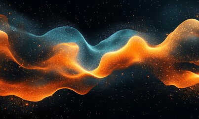 Aufkleber - A vibrant abstract design featuring flowing waves of orange and blue particles against a dark background, evoking a sense of movement and energy.
