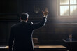 © tynza - Attorney in a courtroom making an objection, standing and raising his hand for attention.
