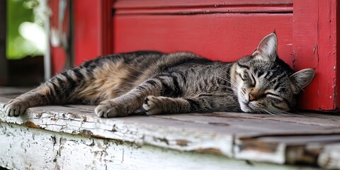 Wall Mural - cat sleeping on rural porch