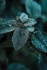 Wall Mural - Close up of dew drops on teal green leaves, nature, water, and plant photography