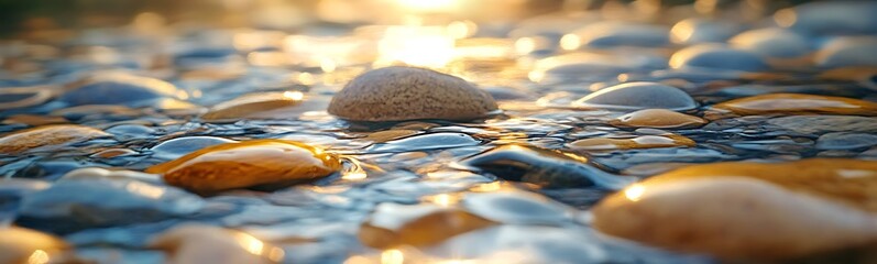 Poster - A serene close-up of smooth pebbles submerged in shallow water, reflecting warm light, creating a tranquil natural scene.