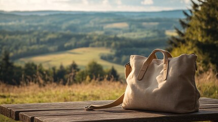 Sticker - Tan leather bag on a wooden bench in a field.