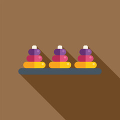 Canvas Print - Minimalist flat vector illustration of three colorful toy pyramids on a shelf, casting a long shadow on a brown background