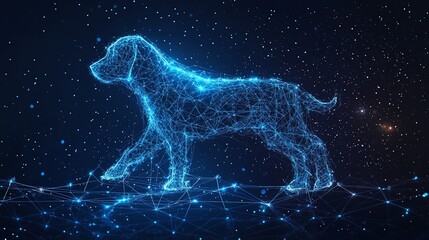 a dog figure represented in digital form with star-like connections, set amidst a cosmic scene, embo