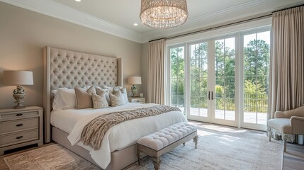 Elegant bedroom interior design featuring natural light streaming through large windows, neutral tones highlighting textures and comfort, captured from the doorway.