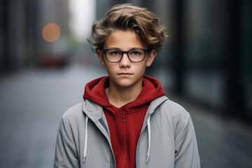 Canvas Print - Portrait of a teenage boy with glasses and a red sweater.