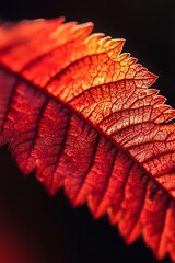 Wall Mural - Red leaf with veins and water droplets illuminated by sunlight, macro photo