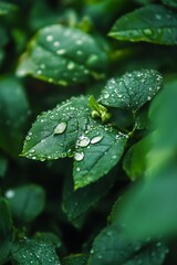 Wall Mural - Close up of water droplets on green leaves after rain