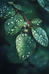 Wall Mural - Close up of raindrops on green leaves.  Nature, spring, freshness, rain, water droplets, green, natural, environment, plant, flora, botanical, macro, detail, texture