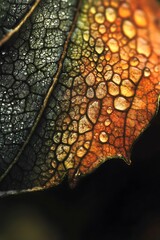 Wall Mural - Closeup of a leaf with water droplets, showing its intricate texture and color