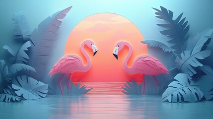 Poster - Pink Flamingos in a Serene Habitat Flamingos in a Tranquil Environment