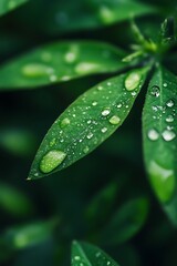 Wall Mural - Closeup of green leaf with raindrops, nature photography