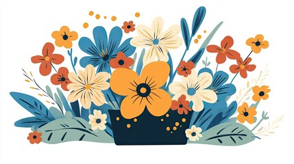 Wall Mural - A colorful bouquet of flowers in a black pot, with orange, red, blue, and yellow flowers.