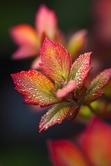 Wall Mural - Dew drops on red and green leaves in macro closeup