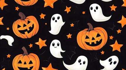 Halloween seamless pattern featuring smiling pumpkins, cute ghosts, and orange stars on a black background