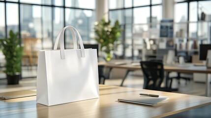 Wall Mural - White tote bag on a wooden table in a modern office.