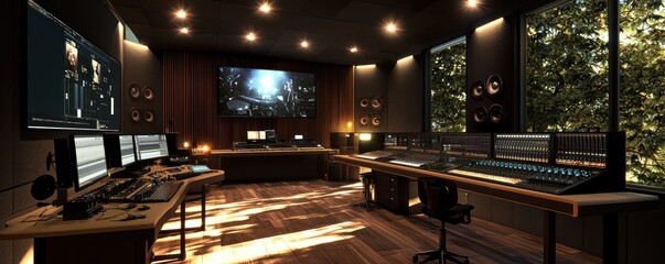 Wall Mural - a digital music studio with recording booths, sound editing suites, and an area for live streaming p