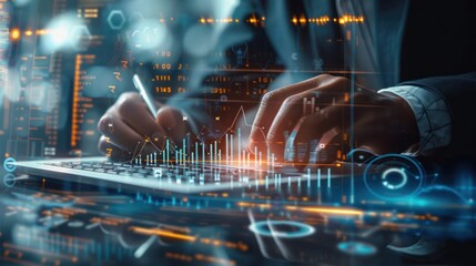 Stock market business Digital financial chart and exchange financial growth graph. Businessman Using Laptop and Tablet to Company Growth, Business Growth Arrows, Development Goals, Financial Data