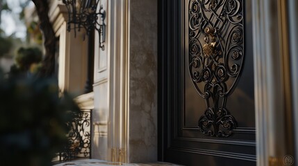 Wall Mural - a detailed shot of a luxury home's front door, with bespoke ironwork and a matte black finish