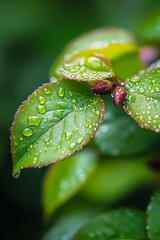 Wall Mural - Raindrops on Green Leaves Macro Photography, Nature, Fresh, Dew, Spring