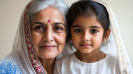 Intimate Moment between Elderly Indian Mother and Daughter in Casual Attire