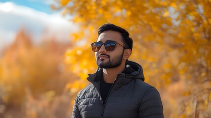 A portrait of a South Asian man wearing sunglasses, standing in an open autumn field.